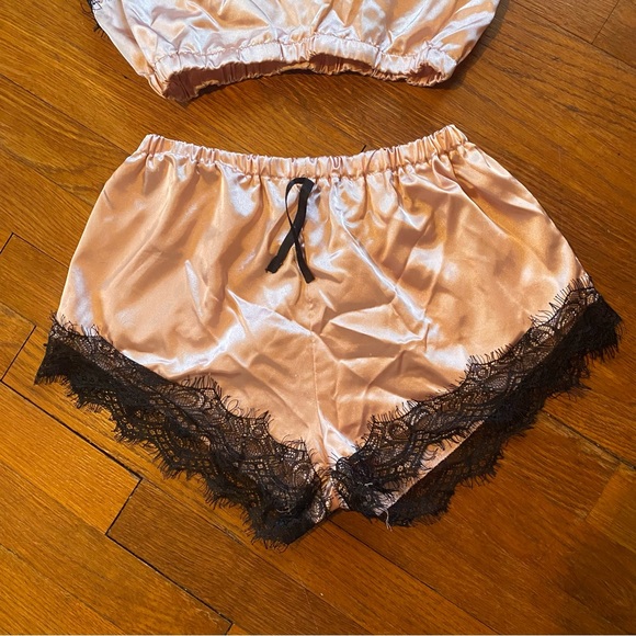 SHEIN Pink Satin Pajama Set with Black Lace - Picture 2 of 9